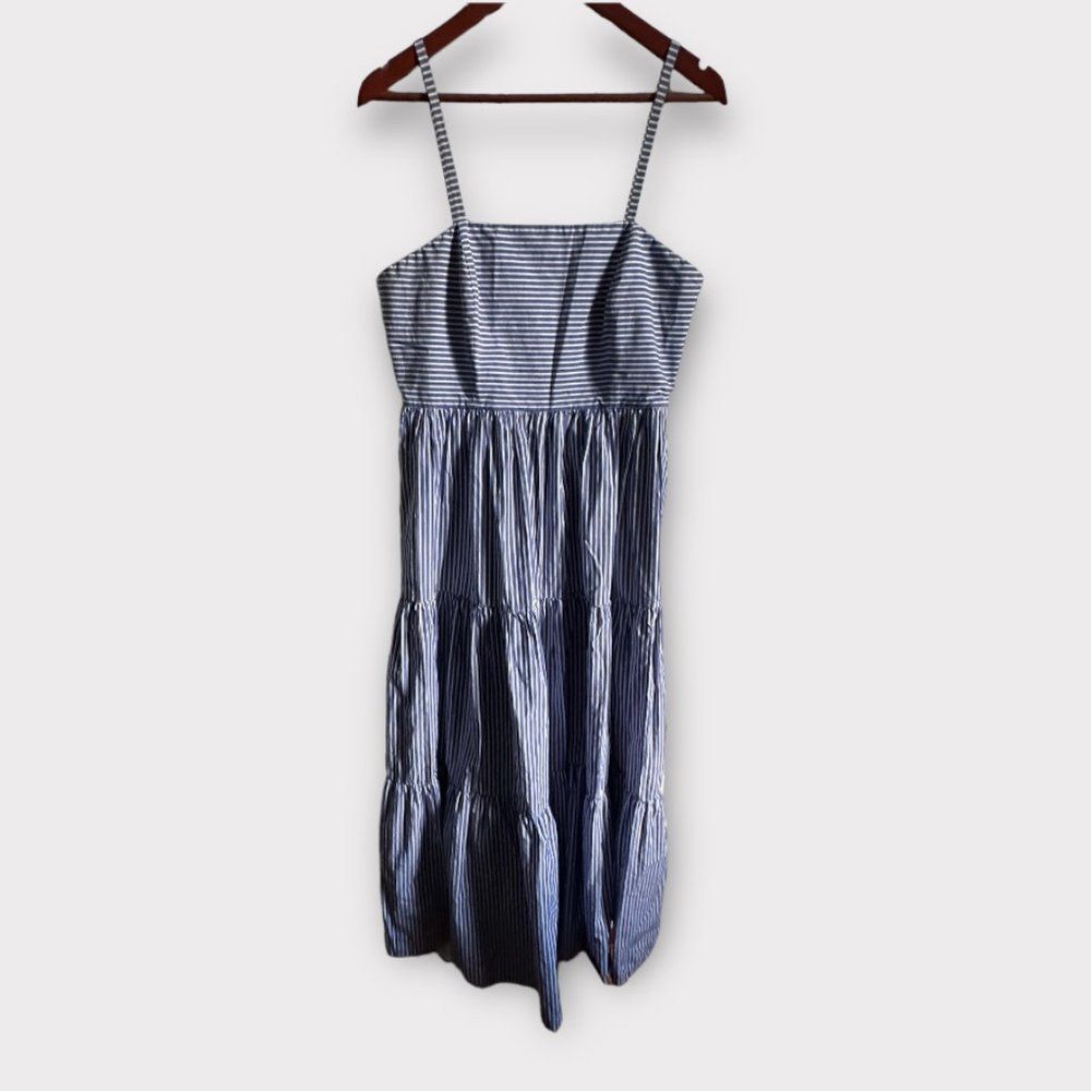 J.Crew Tiered Maxi in Lagoon White Stripes Cotton Sun Dress 12 like new